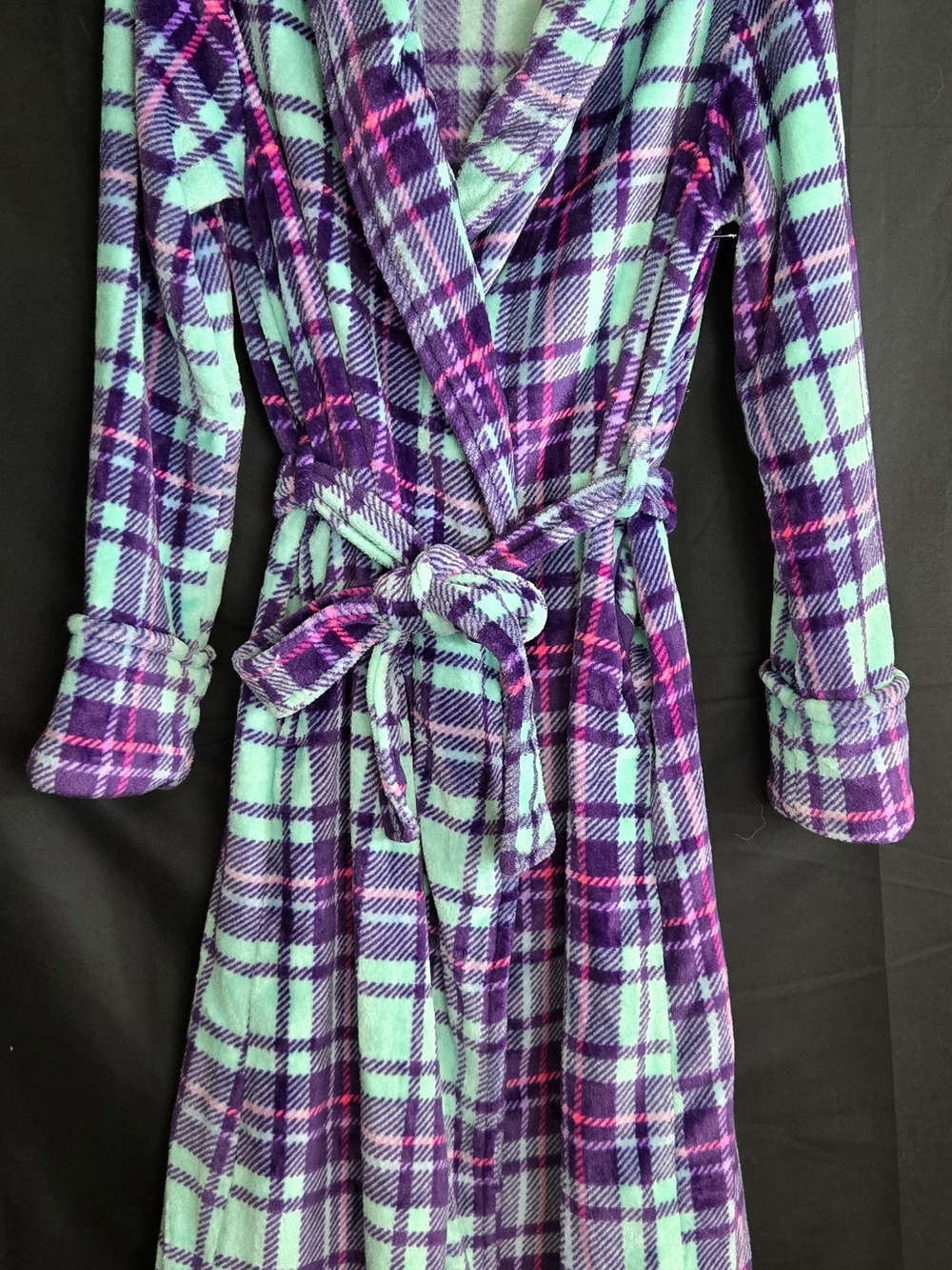 Womans  Plush Plaid Hooded Bathrobe - Purple & Mint #547